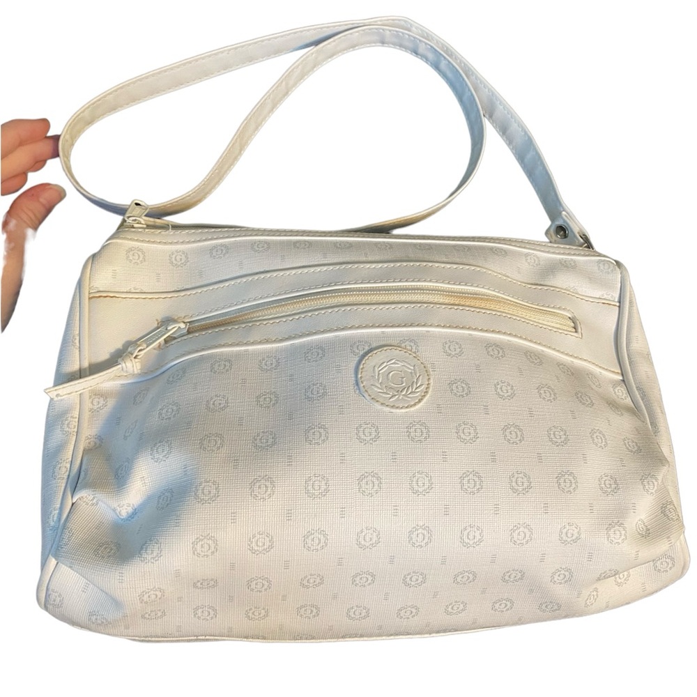 VINTAGE GITANO WHITE CANVAS AND PLEATHER SIGNATURE LOGO PRINT CROSSBODY BAG